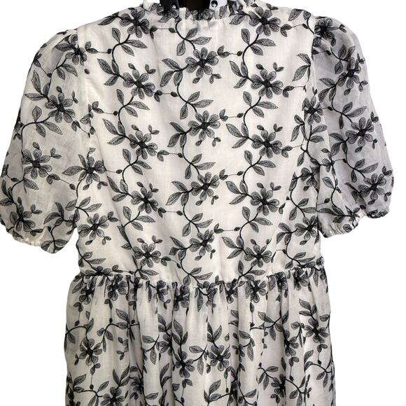 DRAPER JAMES Puff Sleeve Floral Embroidered Mini White Black Scalloped Hem Sz M - Picture 14 of 16